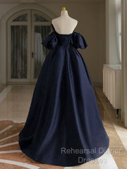 A-Line V Neck Satin Dark Blue Long Semi Formal Prom Dress, Dark Blue Long Formal Dress