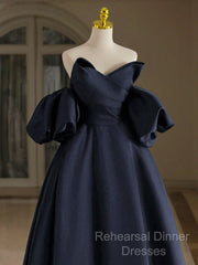 A-Line V Neck Satin Dark Blue Long Semi Formal Prom Dress, Dark Blue Long Formal Dress