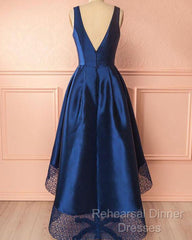 A Line V-Neck Satin Long Semi Formal Prom Dresses With Lace