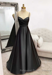 A-line Sweetheart Spaghetti Straps Satin Long Semi Formal Prom Dress with Pleated