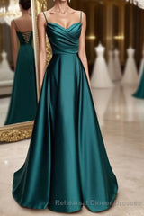 A-line Sweetheart Spaghetti Straps Satin Long Semi Formal Prom Dress with Pleated