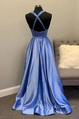 A-Line V Neck Satin Unique Long Semi Formal Prom Dresses Formal Gowns