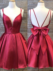 A Line V Neck Short Burgundy Backless Prom Dresses, Short Wine Red Formal Homecoming Dresses