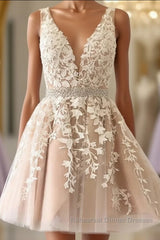A Line V Neck Short Champagne Lace Wedding Dresses, Short Champagne Lace Formal Semi Formal Prom Dresses