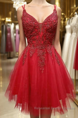 A Line V Neck Short Dark Red Lace Semi Formal Prom Dresses, Short Dark Red Lace Formal Homecoming Dresses