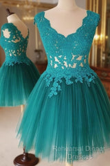 A Line V Neck Short Green-Blue Lace Semi Formal Prom Dresses, Short Lace Formal Evening Graduation Dresses