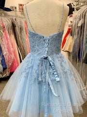 A Line V Neck Short Light Blue Lace Semi Formal Prom Dresses, Short Light Blue Lace Homecoming Dresses