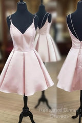 A Line V Neck Short Pink Semi Formal Prom Dresses, Short Pink Homecoming Graduation Dresses