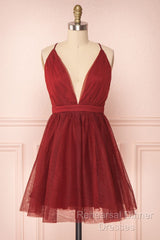 A Line V Neck Short Red/Burgundy Tulle Semi Formal Prom Dresses, Short Red/Burgundy Graduation Homecoming Dresses