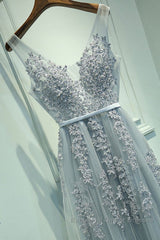A Line V Neck Silver Gray Lace Semi Formal Prom Dresses, Grey Lace Formal Evening Dresses