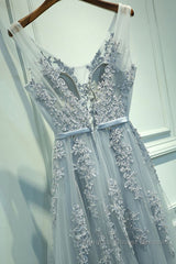 A Line V Neck Silver Gray Lace Semi Formal Prom Dresses, Grey Lace Formal Evening Dresses