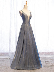 A Line V Neck Silver Gray Long Semi Formal Prom Dresses, Gray Long Formal Evening Dresses