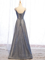A Line V Neck Silver Gray Long Semi Formal Prom Dresses, Gray Long Formal Evening Dresses
