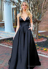 A-line V Neck Sleeveless Charmeuse Long/Floor-Length Prom Dresses With Pockets