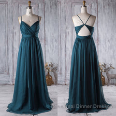 A Line V Neck Spaghetti Strap Peacock Blue Chiffon Long Semi Formal Prom Dresses, V Neck Peacock Blue Formal Dresses Graudation Evening Dresses, Peacock Blue Bridesmaid Dresses