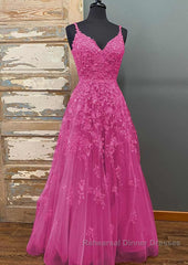 A-line V Neck Spaghetti Straps Long/Floor-Length Tulle Semi Formal Prom Dresses With Beading Lace Pockets Sequins