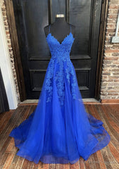 A-line V Neck Spaghetti Straps Sweep Train Tulle Prom Dresses With Appliqued