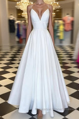 A Line V Neck Spaghetti Straps White Semi Formal Prom Dresses, V Neck White Formal Graduation Evening Dresses