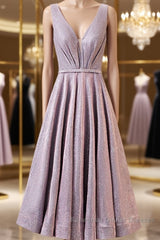 A Line V Neck Tea Length Semi Formal Prom Dresses, Shiny Tea Length Formal Evening Dresses