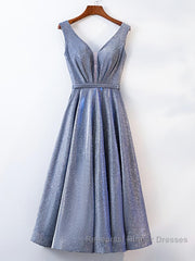 A Line V Neck Tea Length Semi Formal Prom Dresses, Shiny Tea Length Formal Evening Dresses