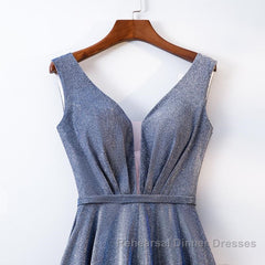 A Line V Neck Tea Length Semi Formal Prom Dresses, Shiny Tea Length Formal Evening Dresses