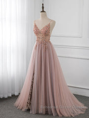 A-Line V Neck Tulle Beading Pink Long Semi Formal Prom Dress. Pink Formal Dress