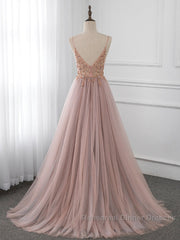A-Line V Neck Tulle Beading Pink Long Semi Formal Prom Dress. Pink Formal Dress