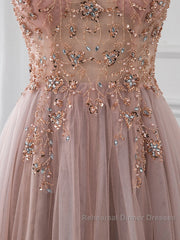 A-Line V Neck Tulle Beading Pink Long Semi Formal Prom Dress. Pink Formal Dress