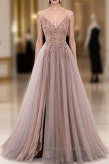 A-Line V Neck Tulle Beading Pink Long Semi Formal Prom Dress. Pink Formal Dress