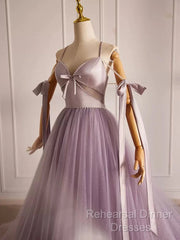 A-Line V Neck Tulle Beads Purple Long Semi Formal Prom Dress, Purple Long Formal Dress