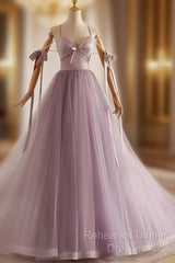 A-Line V Neck Tulle Beads Purple Long Semi Formal Prom Dress, Purple Long Formal Dress