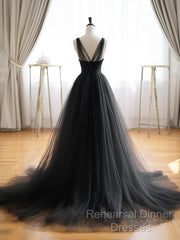 A-Line V Neck Tulle Black Long Semi Formal Prom Dress