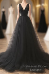 A-Line V Neck Tulle Black Long Semi Formal Prom Dress