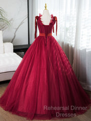 A-Line V Neck Tulle Burgundy Long Semi Formal Prom Dress, Burgundy Long Evening Dress