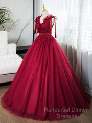 A-Line V Neck Tulle Burgundy Long Semi Formal Prom Dress, Burgundy Long Evening Dress