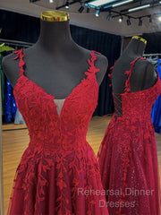 A-Line V Neck Tulle Lace Burgundy Long Semi Formal Prom Dress, Burgundy Long Evening Dress