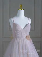 A-Line V Neck Tulle Pink Long Semi Formal Prom Dress, Pink Tulle Long Formal Dress