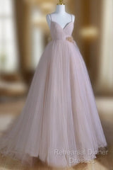 A-Line V Neck Tulle Pink Long Semi Formal Prom Dress, Pink Tulle Long Formal Dress