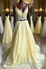 A Line V Neck Two Pieces Lace Top Yellow Semi Formal Prom Dresses, Two Pieces Yellow Formal Dresses, Yellow Lace Evening Dresses