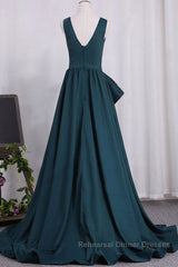 A Line V Neck V Back Green Satin Long Semi Formal Prom Dresses, Long Green Formal Evening Dresses