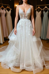 A Line V Neck White Lace Long Semi Formal Prom Dresses, White Lace Wedding Dresses, White Formal Evening Dresses