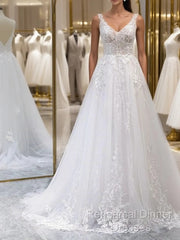 A Line V Neck White Lace Long Semi Formal Prom Dress, White Lace Wedding Dress, White Formal Evening Dress A1801