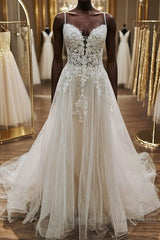 A Line V Neck White Lace Long Semi Formal Prom Dresses Wedding Dresses, Thin Strap White Lace Formal Dresses, White Lace Evening Dresses