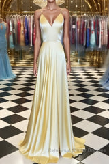 A Line V Neck Yellow Long Semi Formal Prom Dresses, Yellow Long Backless Formal Evening Dresses