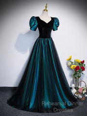A-Line Velvet And Tulle Long Semi Formal Prom Dress, Short Sleeve  Party Dress Formal Dress