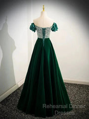 A-Line Velvet Sequin Beads Green Long Semi Formal Prom Dress Evening Dress Elegant