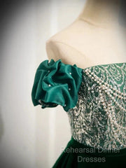 A-Line Velvet Sequin Beads Green Long Semi Formal Prom Dress Evening Dress Elegant