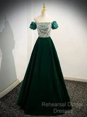 A-Line Velvet Sequin Beads Green Long Semi Formal Prom Dress Evening Dress Elegant