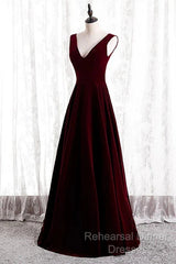 A-Line Velvet V-Neckline Sleeveless Long Party Dress Semi Formal Prom Dresses Bridesmaid Dress