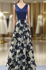 Stylish Dark Blue A Line V Neck Long Semi Formal Prom Dress, Dark Blue Evening Dress